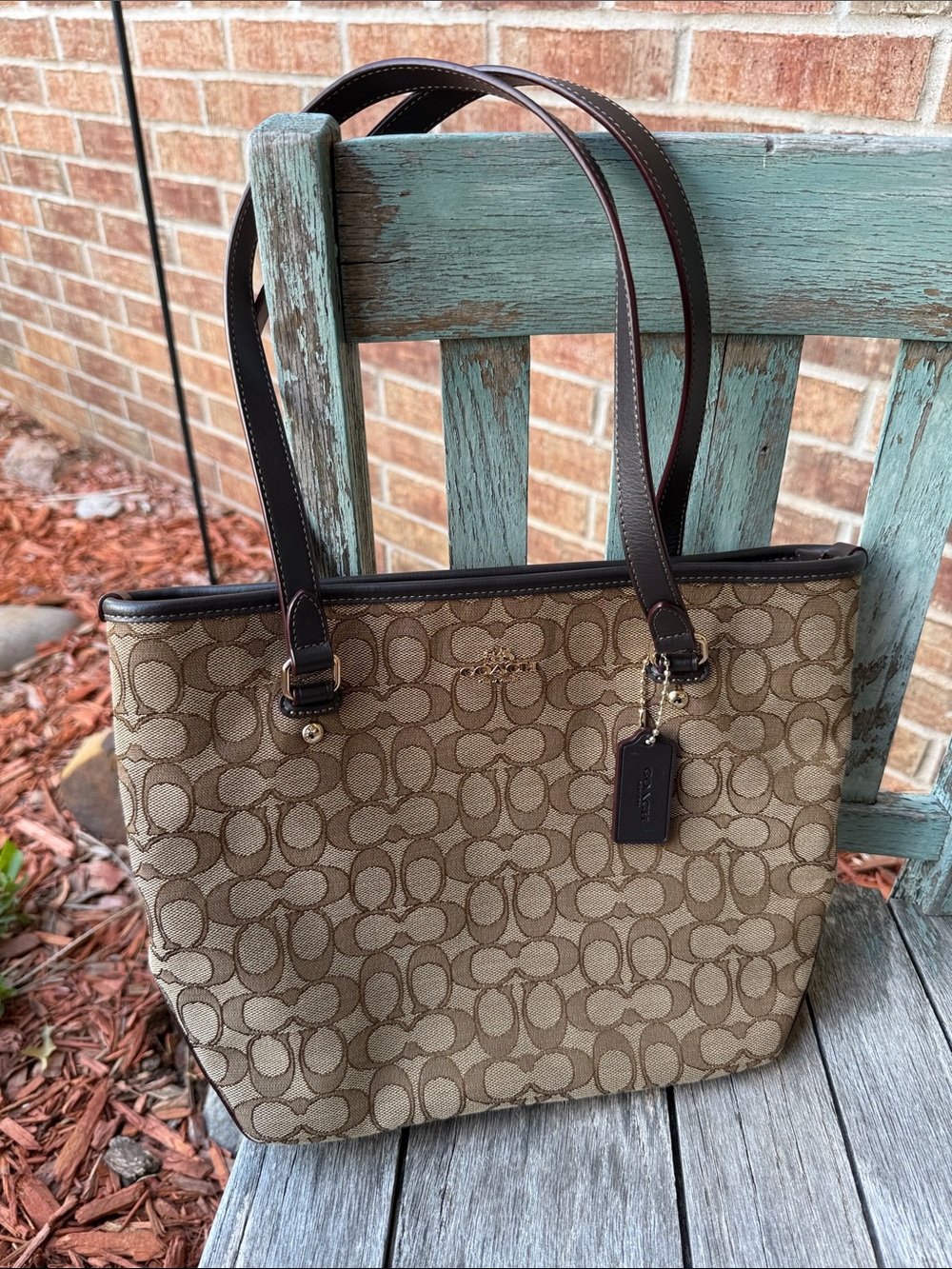 Coach Khaki and Brown Canvas Signature Tote with Leather Trim